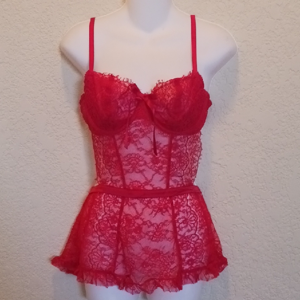 Victorias Secret Elegant Red Lace Babydoll Lingerie Size Large